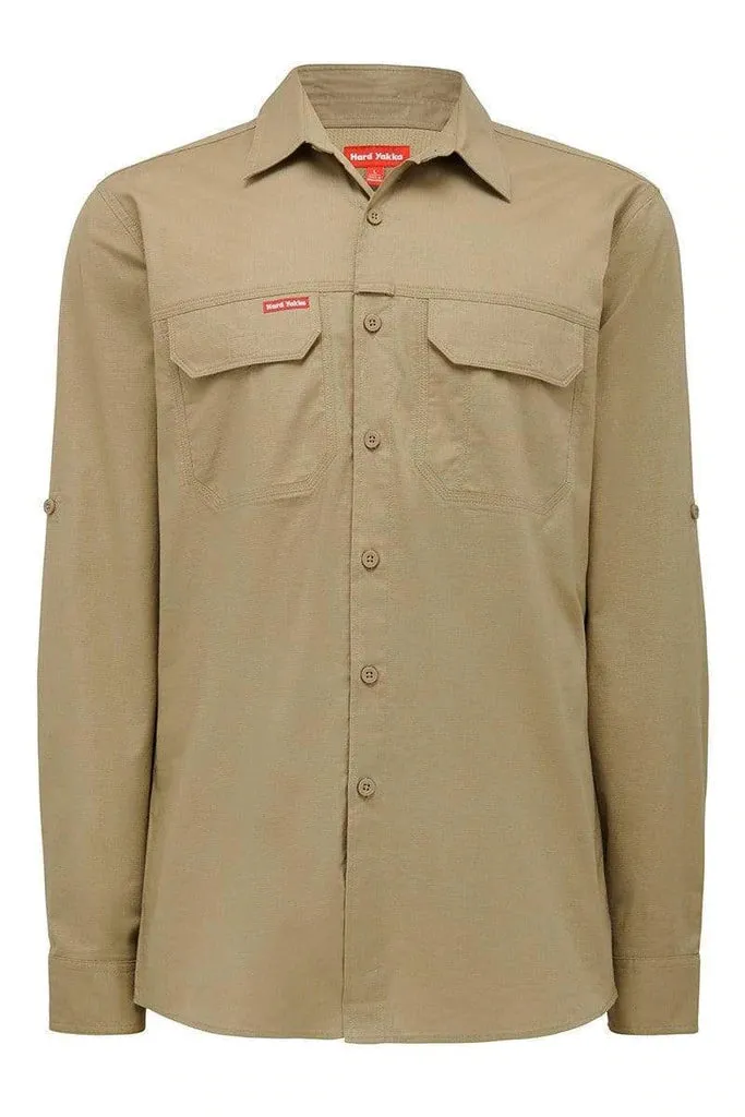 2 x Mens Hard Yakka Flex Ripstop Long Sleeve Shirt Work Wear Khaki Y04305