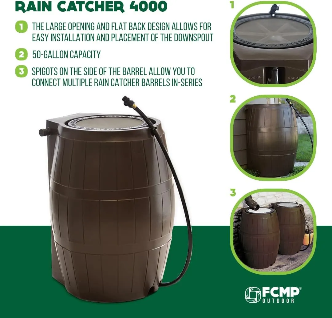 50-Gallon BPA Free Flat Back Home Rain Catcher Water Storage Collection Barrel for Watering Outdoor Plants & Gardens