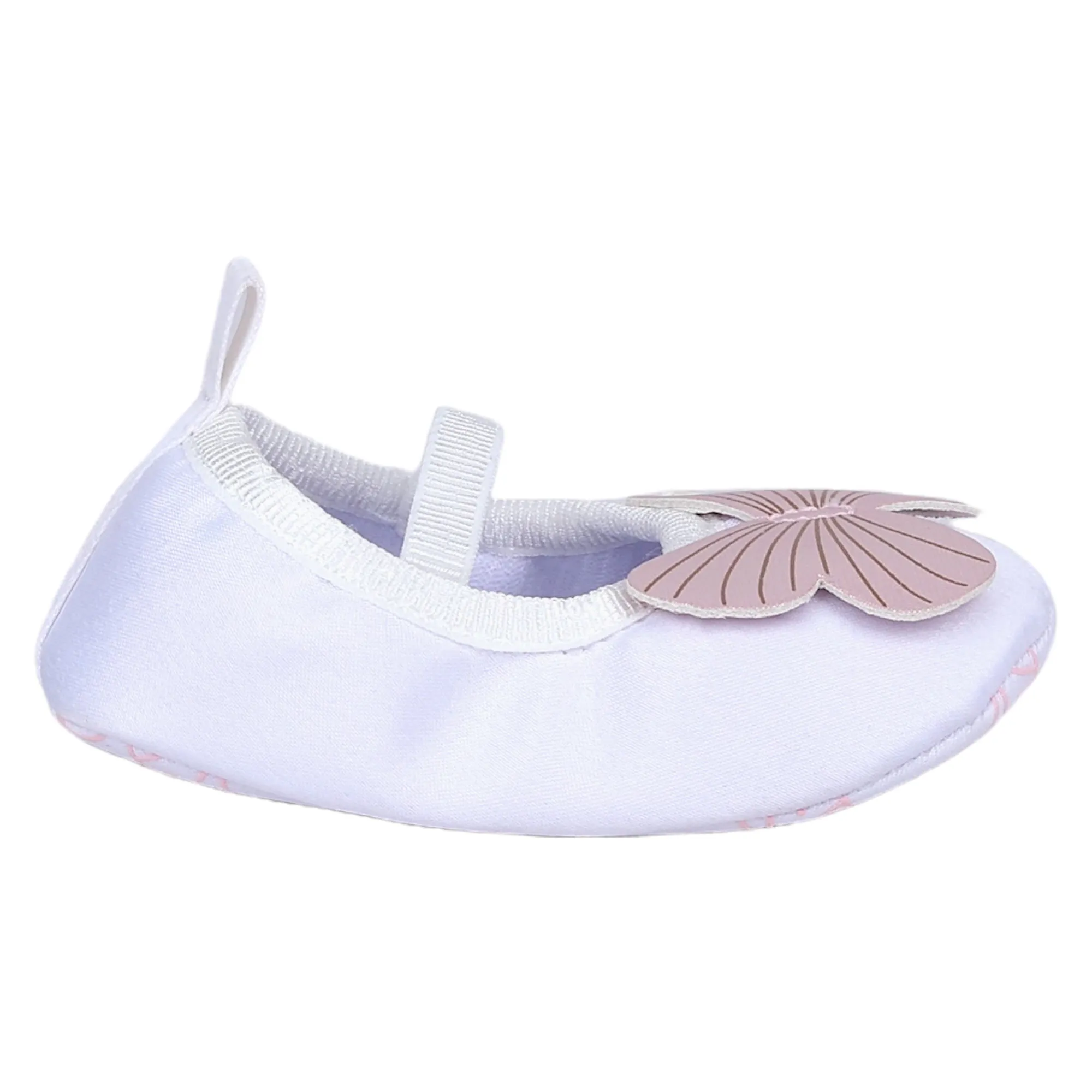 Baby Moo Butterfly Applique Elastic Strap Anti-Skid Ballerina Booties - White