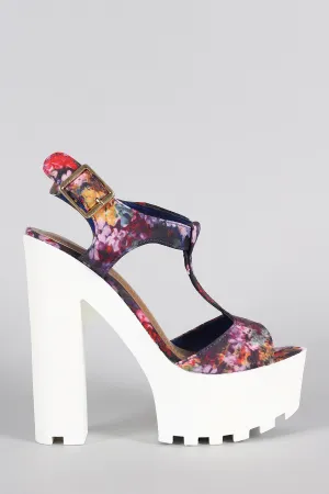 Bamboo Floral T-Strap Platform Chunky Heel