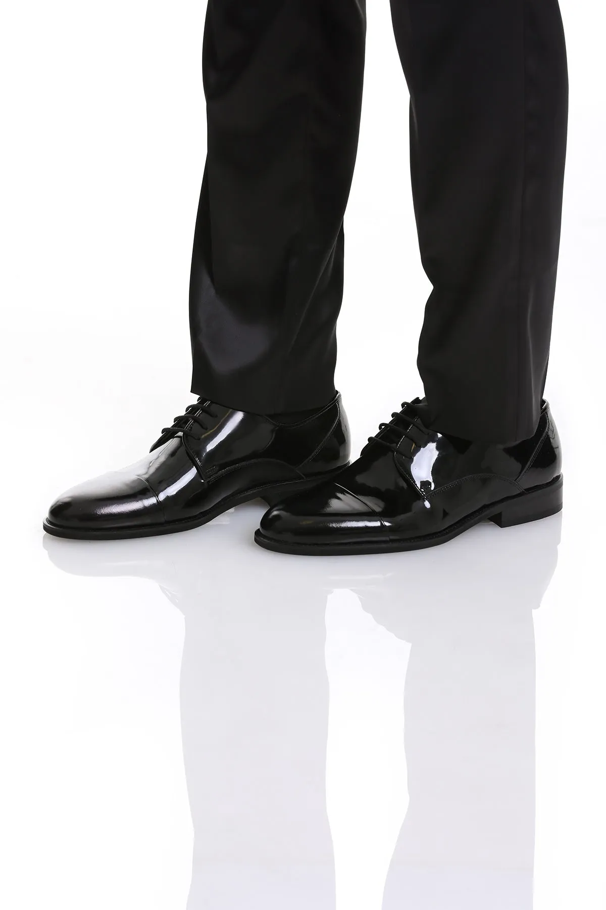 Black Patent Leather Lace-Up Cap Toe Tuxedo Shoes