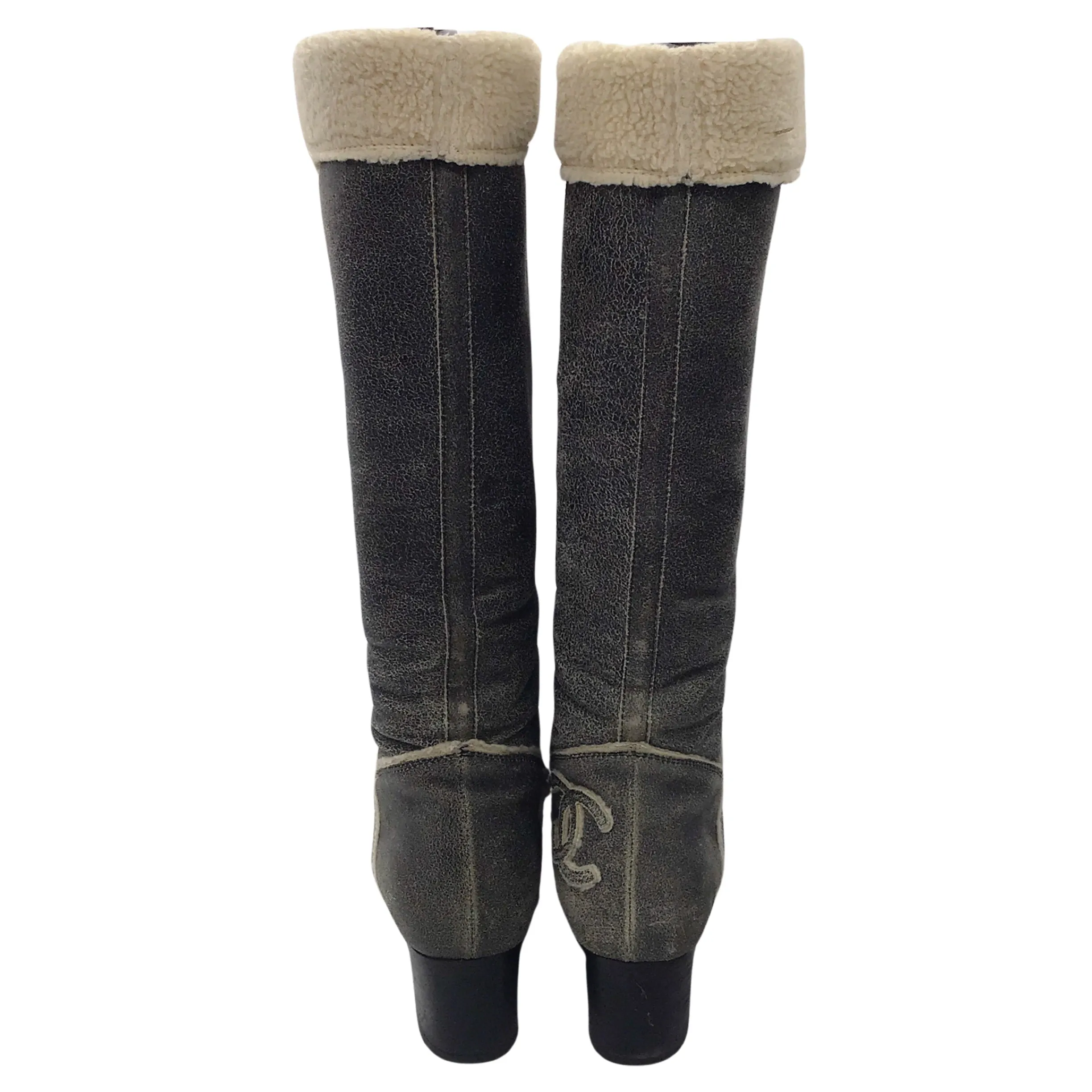 Chanel Grey / Ivory Shearling Lined CC Logo Tall Leather Boots