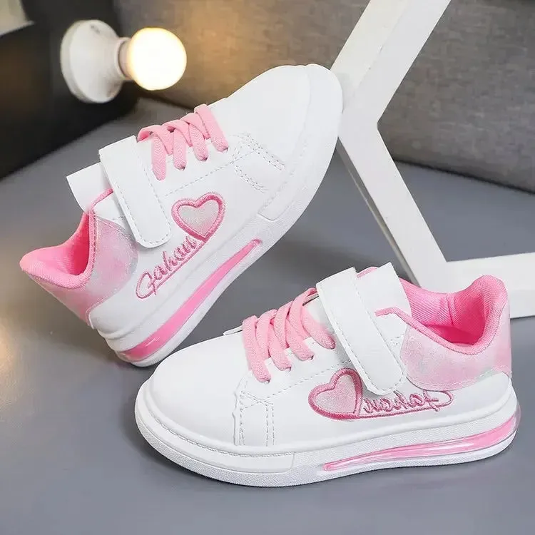 Children's Sneakers 2024 New Girls Love Embroidery Casual Shoes Fashion Leather Kids School Running Sports Shoes Soft Hook Loop