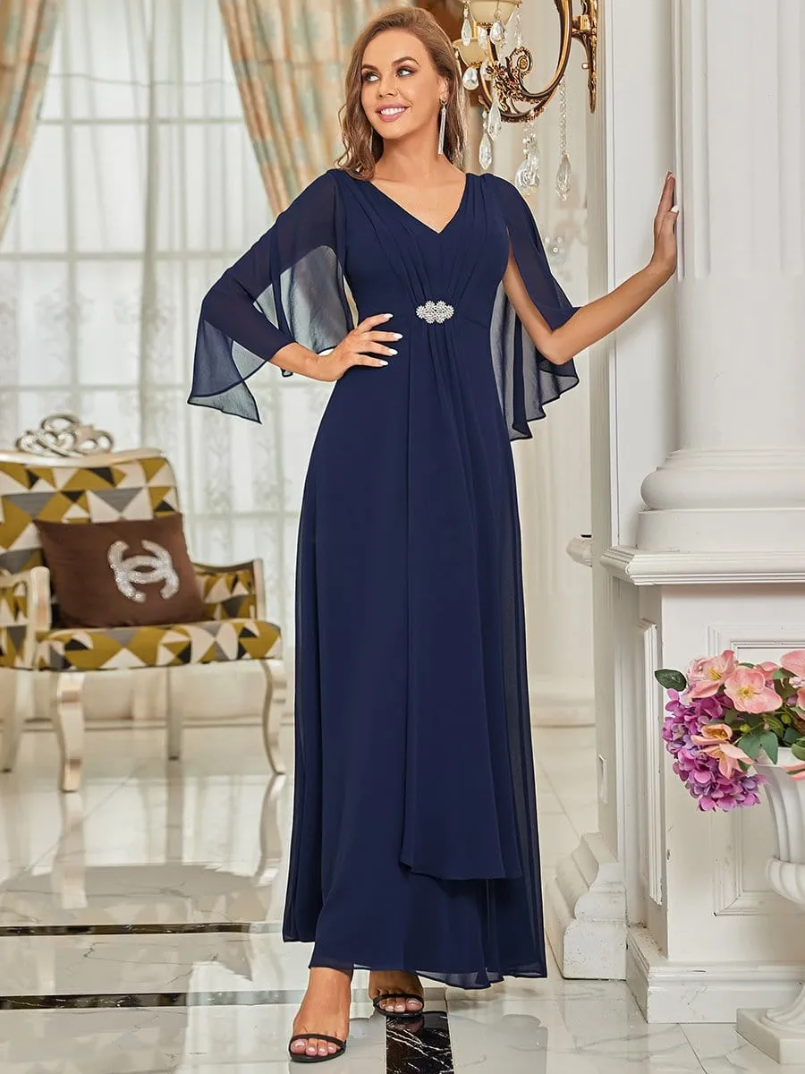 Decorative Plunging V-Neck Long Sleeve Mother Dress