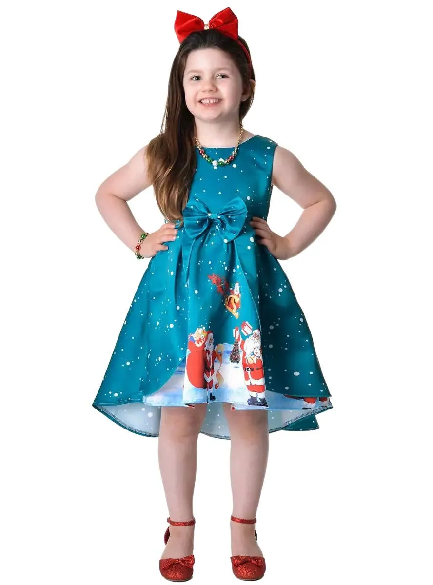 Deluxe Girls Teal Santa Print Christmas Dress