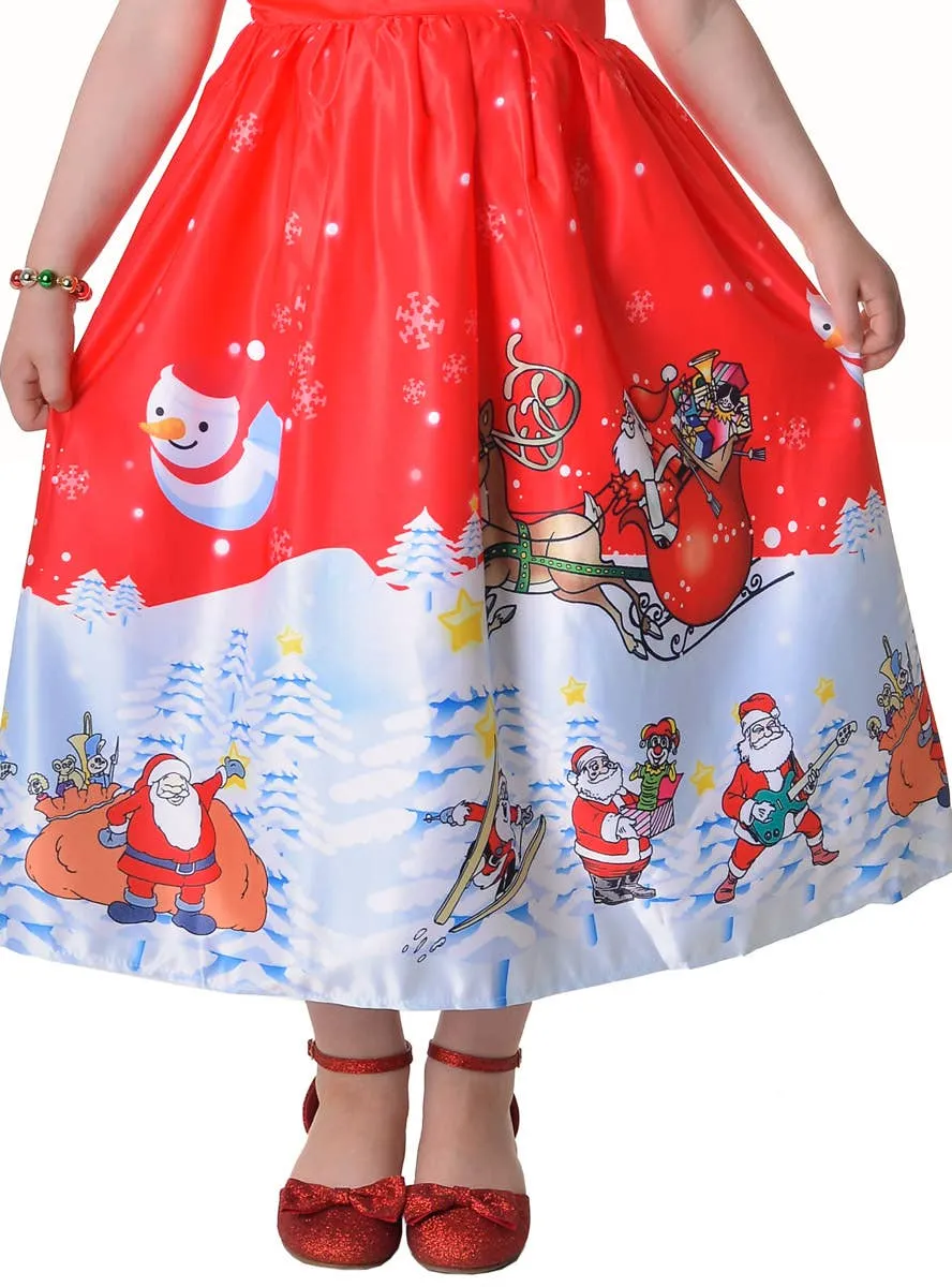 Deluxe Red and White Santa Print Girls Christmas Dress