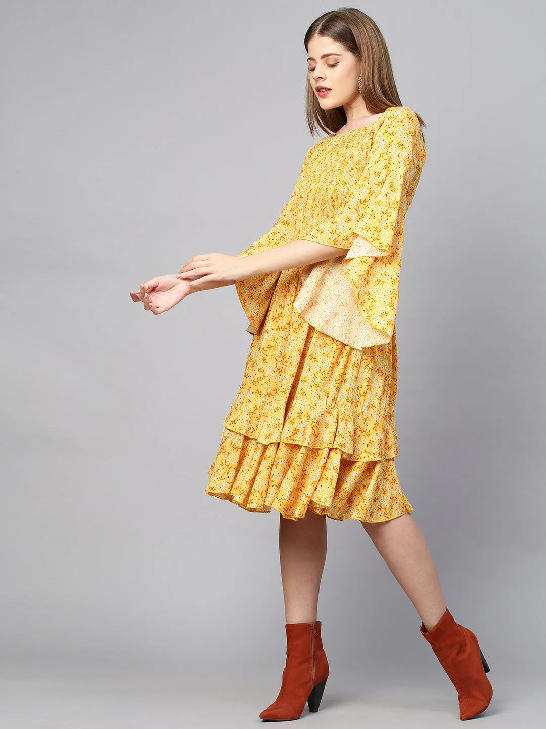 Ditsy Floral & Smocked Tiered Dress - Bright Yellow