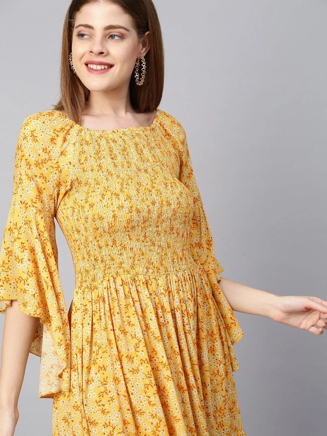 Ditsy Floral & Smocked Tiered Dress - Bright Yellow