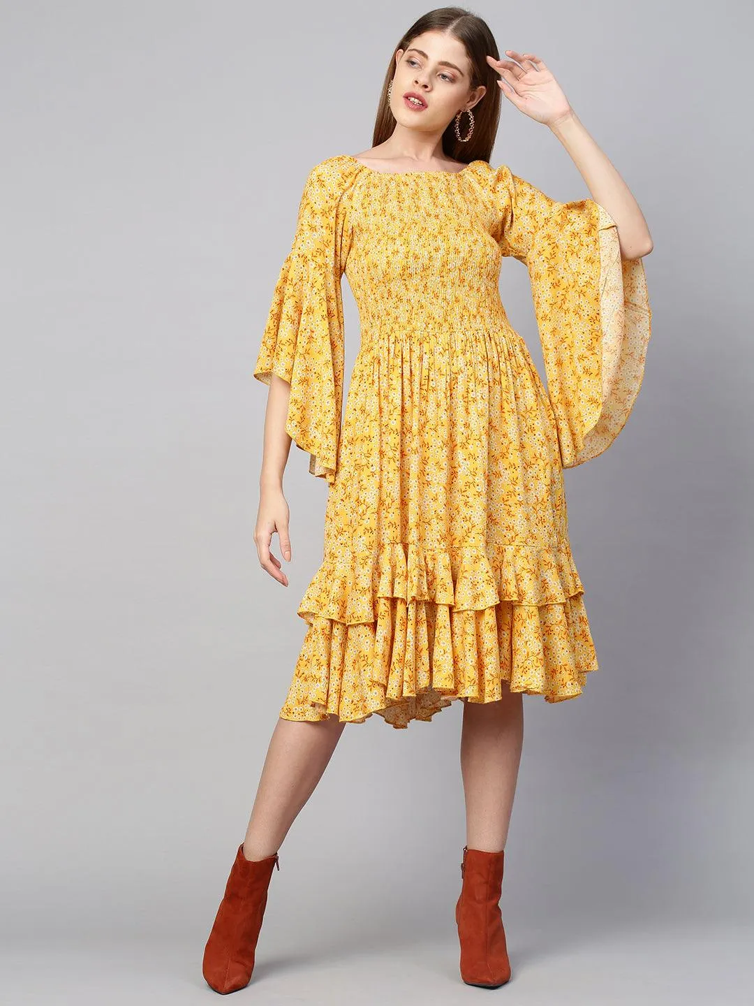 Ditsy Floral & Smocked Tiered Dress - Bright Yellow