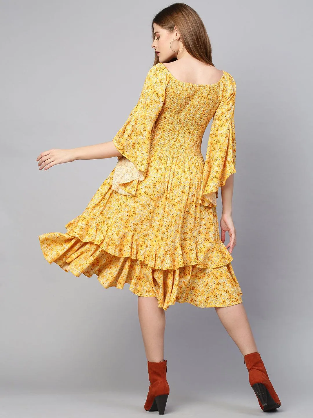 Ditsy Floral & Smocked Tiered Dress - Bright Yellow