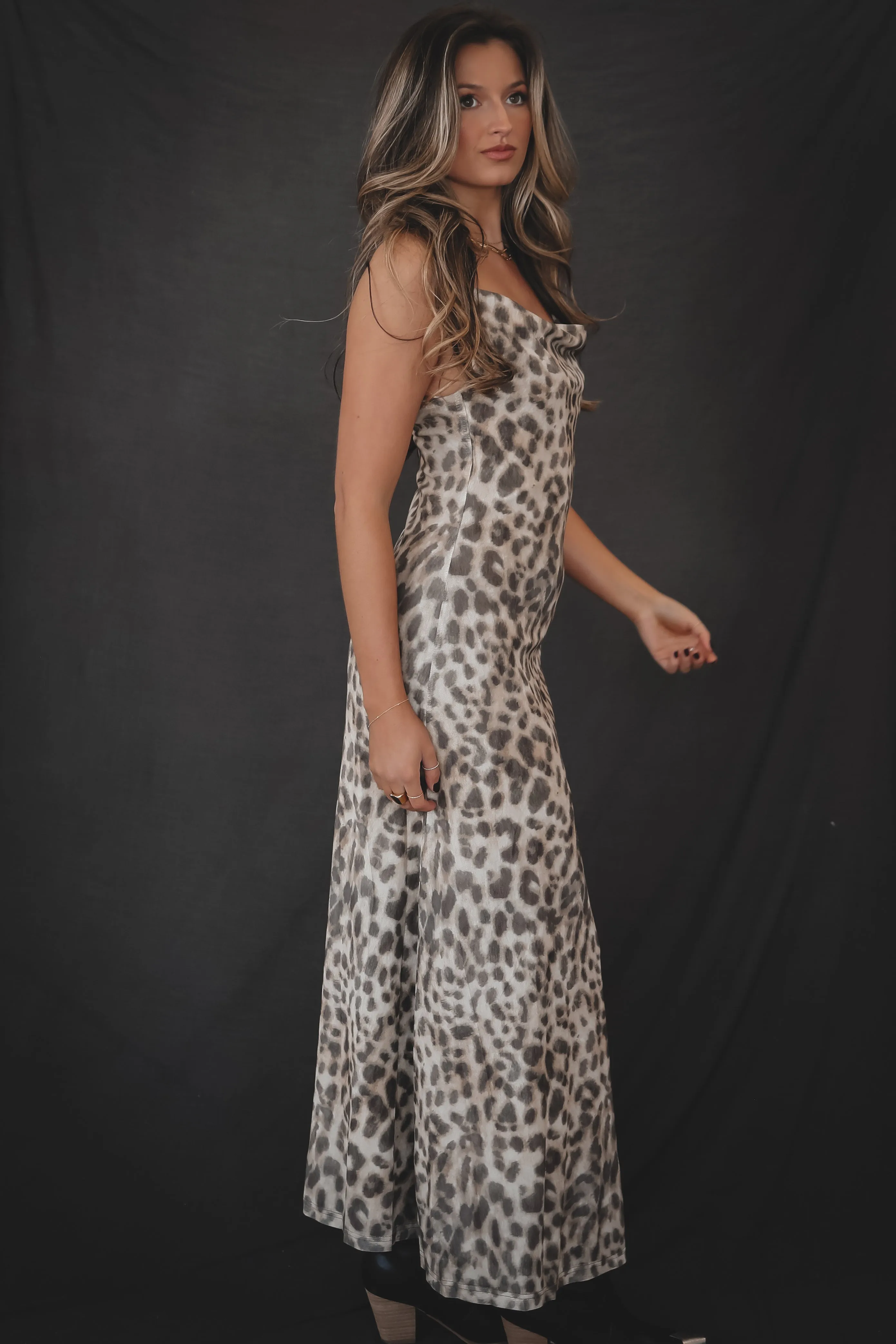 Dressed Up On Trend Leopard Cowl Neck Maxi Dress