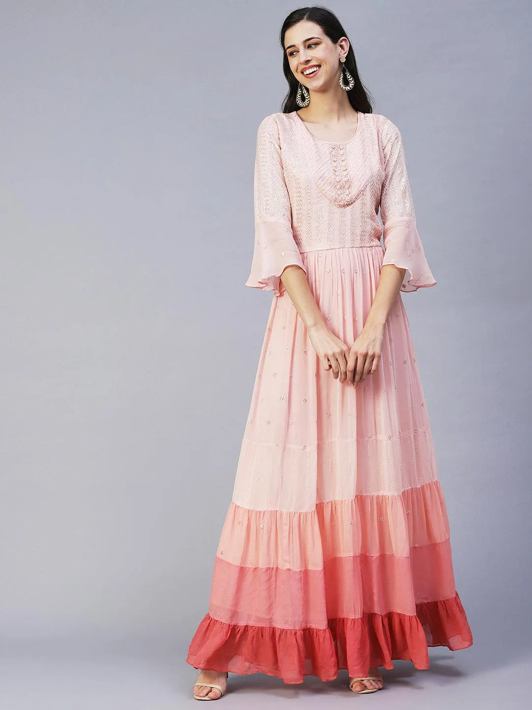 Ethnic Hand Embroidered Tiered Flared Maxi Dress - Pink