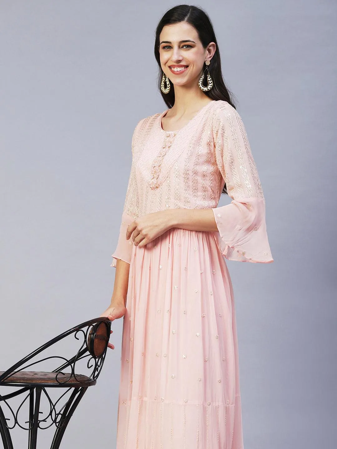 Ethnic Hand Embroidered Tiered Flared Maxi Dress - Pink