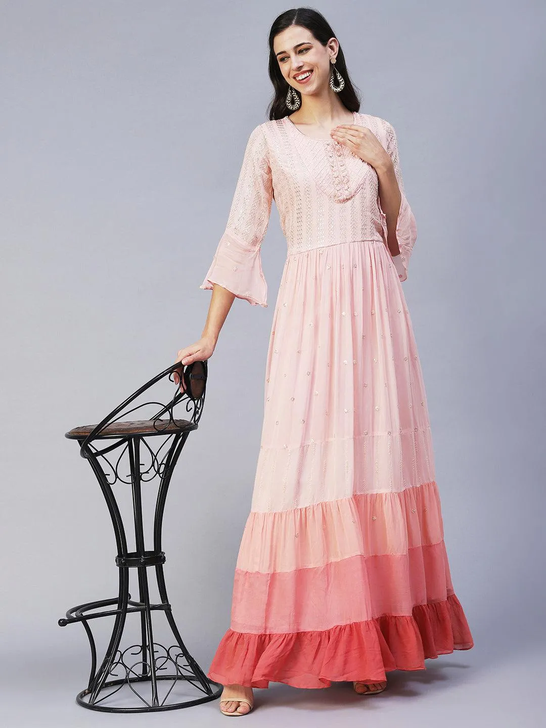 Ethnic Hand Embroidered Tiered Flared Maxi Dress - Pink