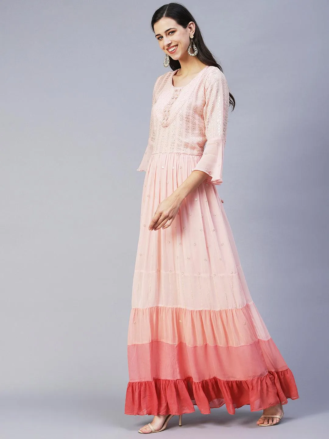 Ethnic Hand Embroidered Tiered Flared Maxi Dress - Pink