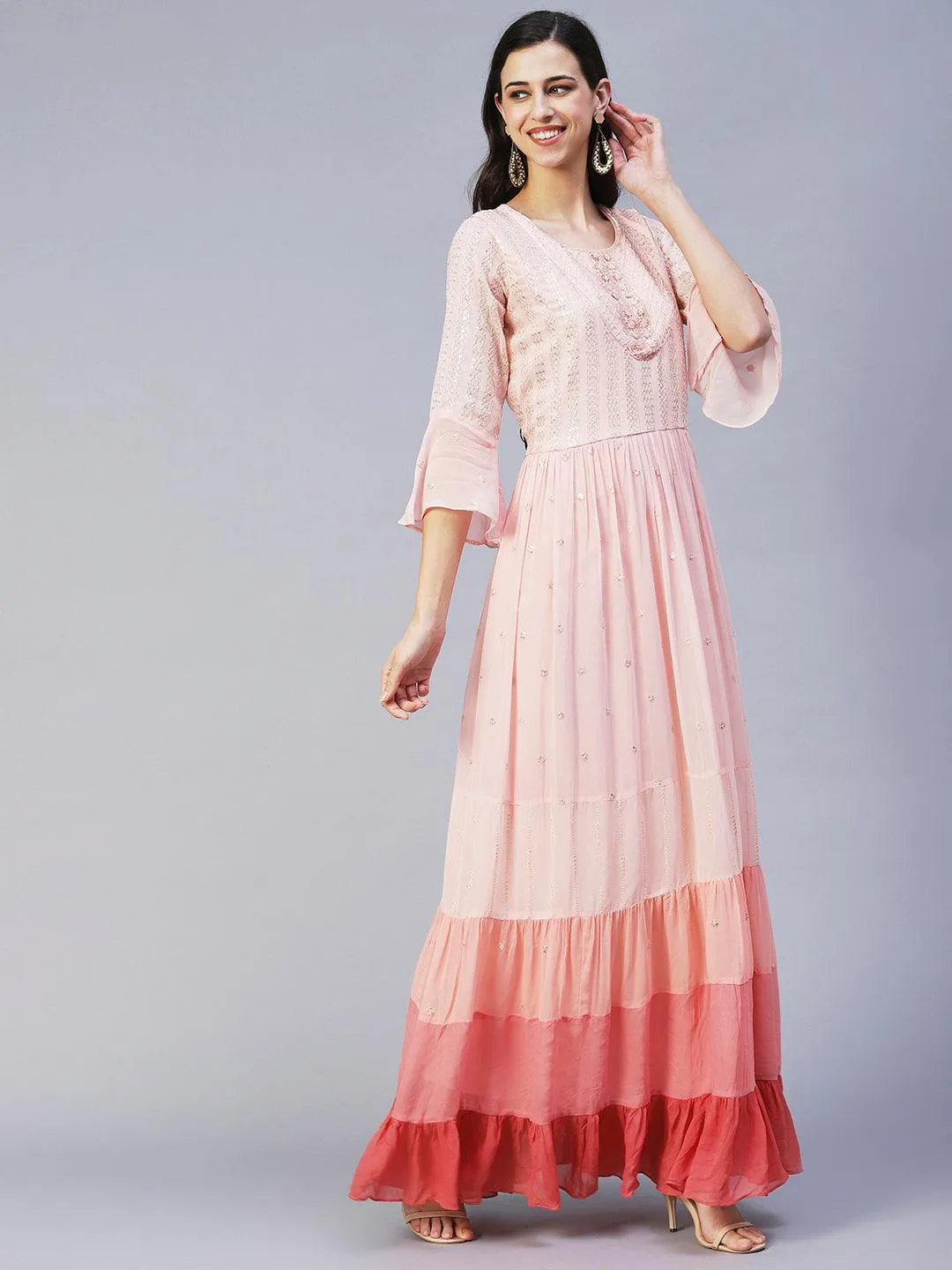 Ethnic Hand Embroidered Tiered Flared Maxi Dress - Pink