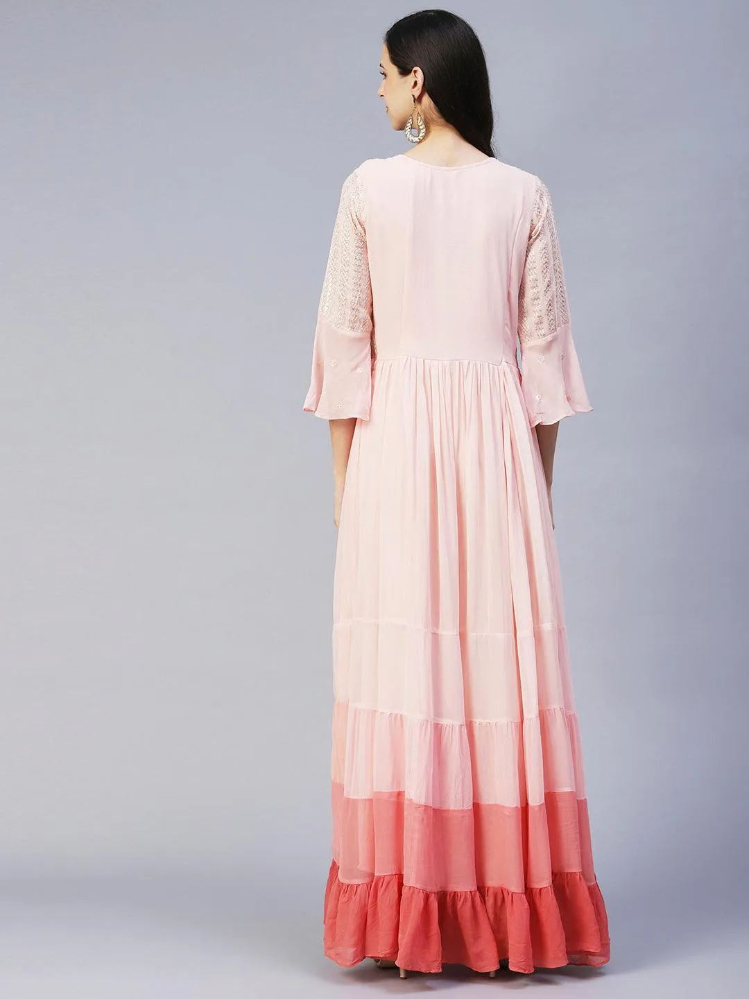 Ethnic Hand Embroidered Tiered Flared Maxi Dress - Pink