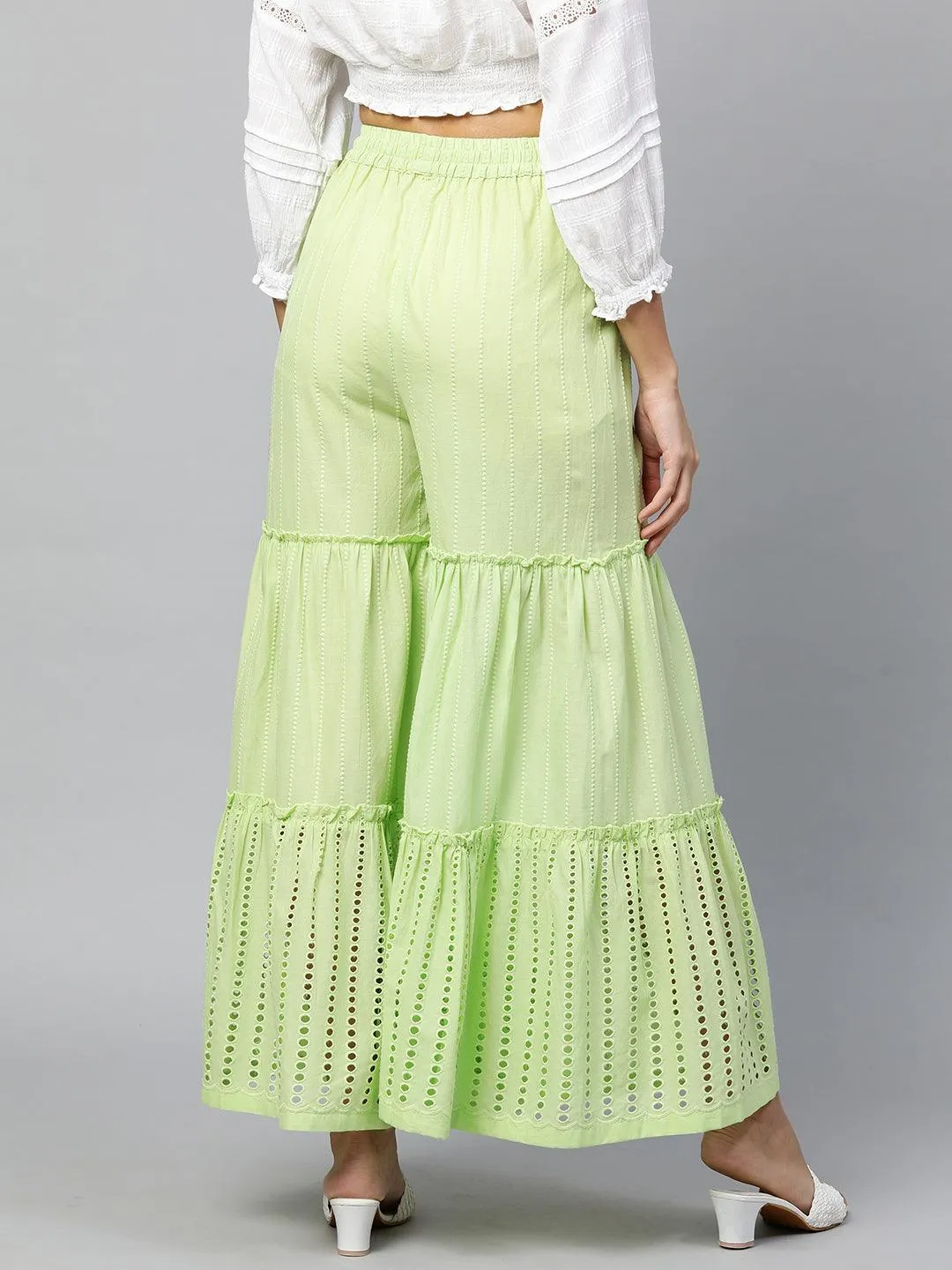 Ethnic Thread Embroidered Tiered Palazzo - Pastel Green