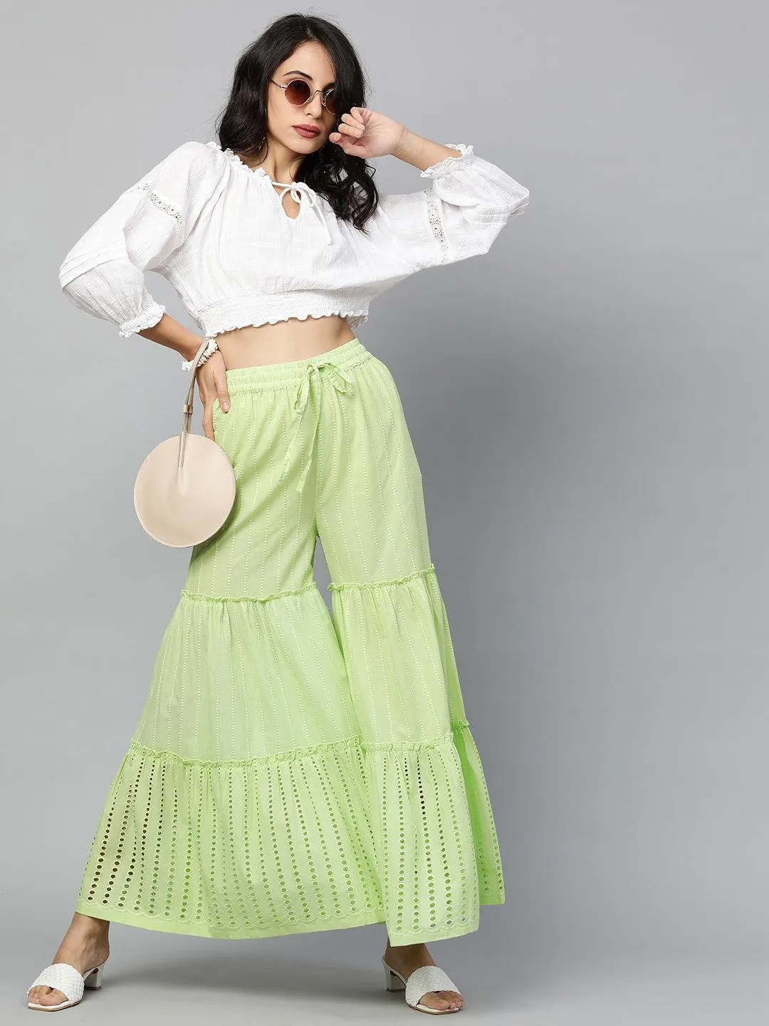 Ethnic Thread Embroidered Tiered Palazzo - Pastel Green