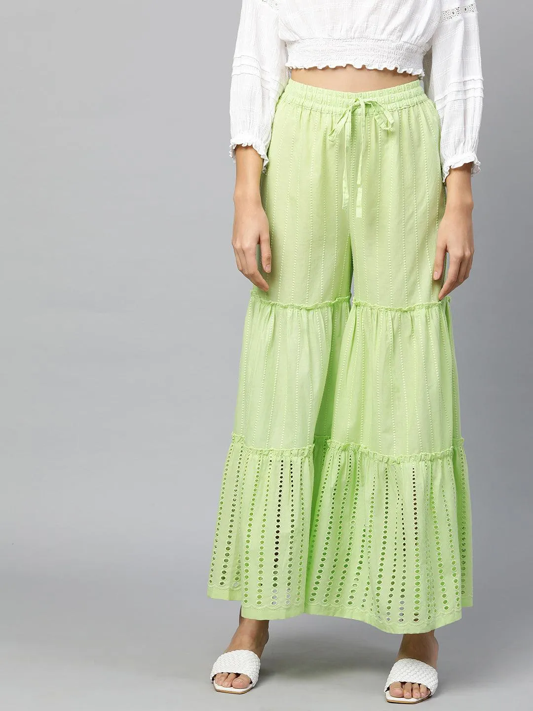 Ethnic Thread Embroidered Tiered Palazzo - Pastel Green