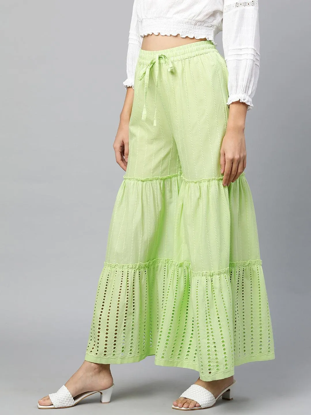 Ethnic Thread Embroidered Tiered Palazzo - Pastel Green