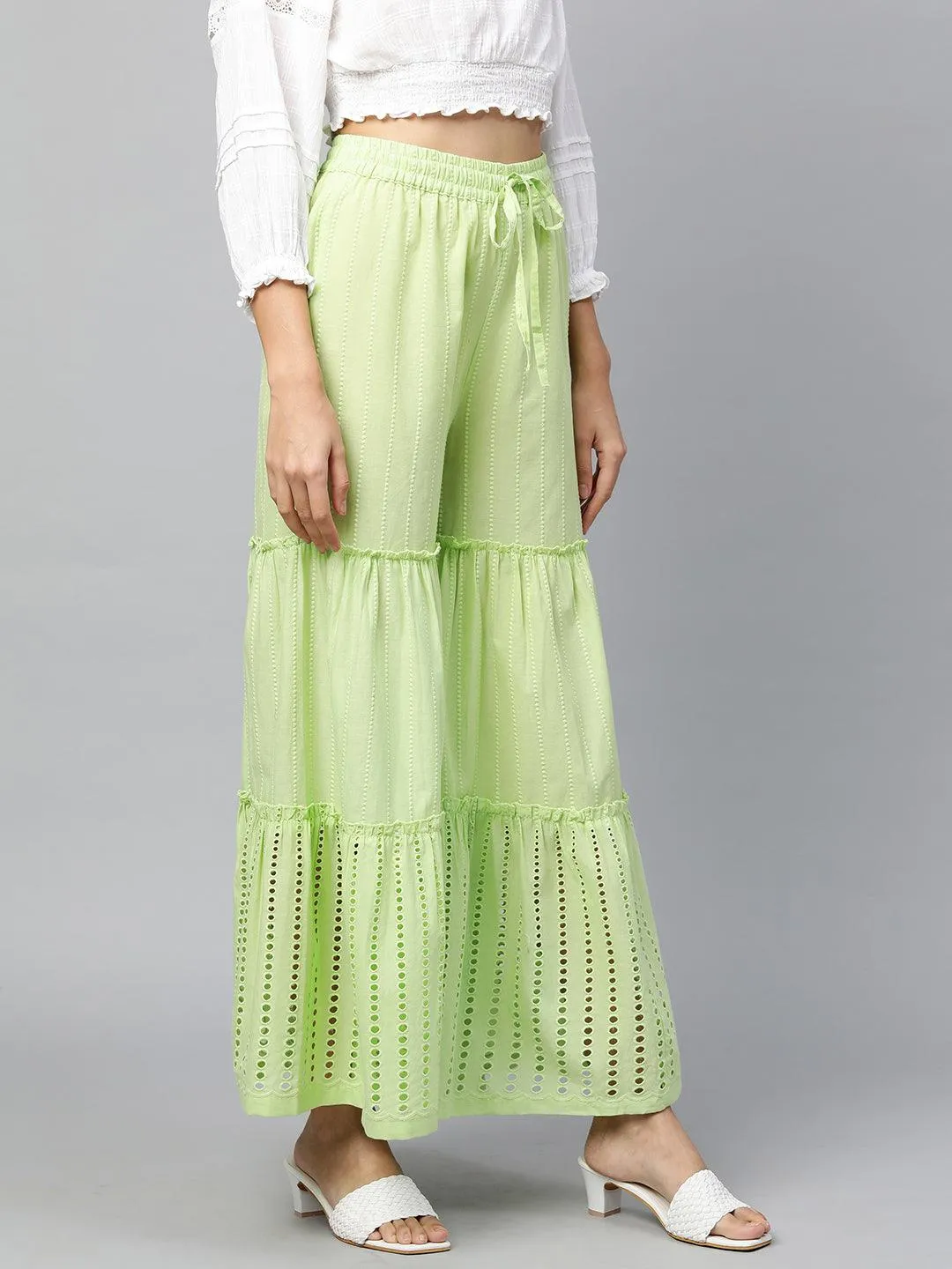 Ethnic Thread Embroidered Tiered Palazzo - Pastel Green