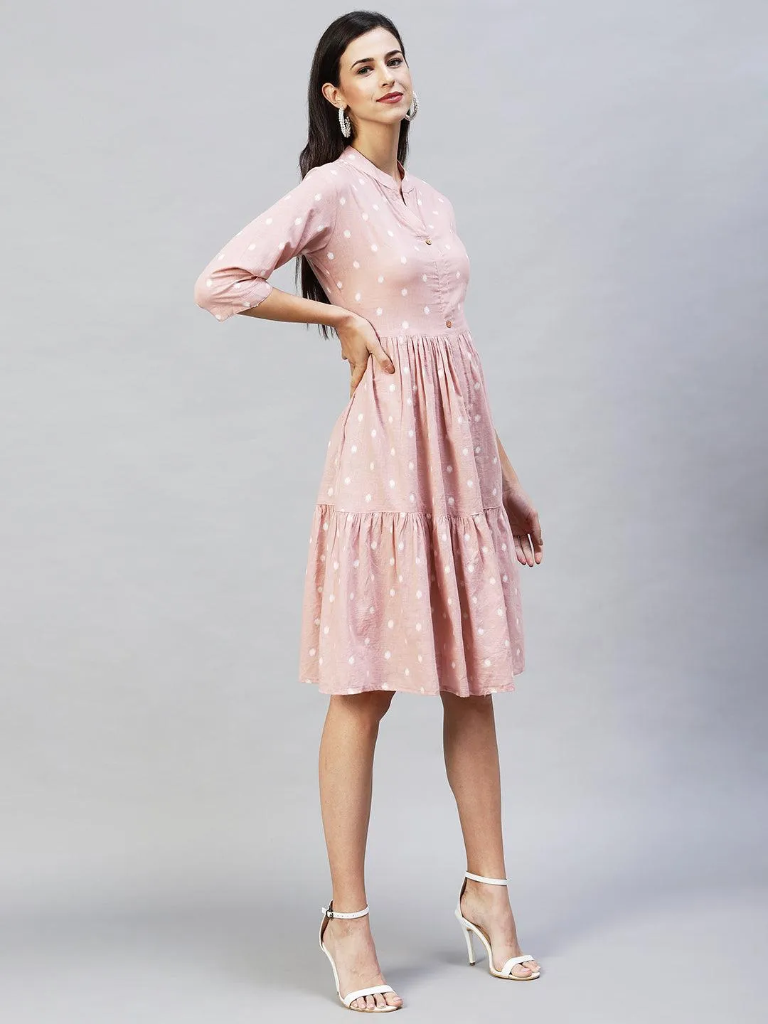 Ethnic Woven Tiered Flared Midi Dress - Dusty Pink