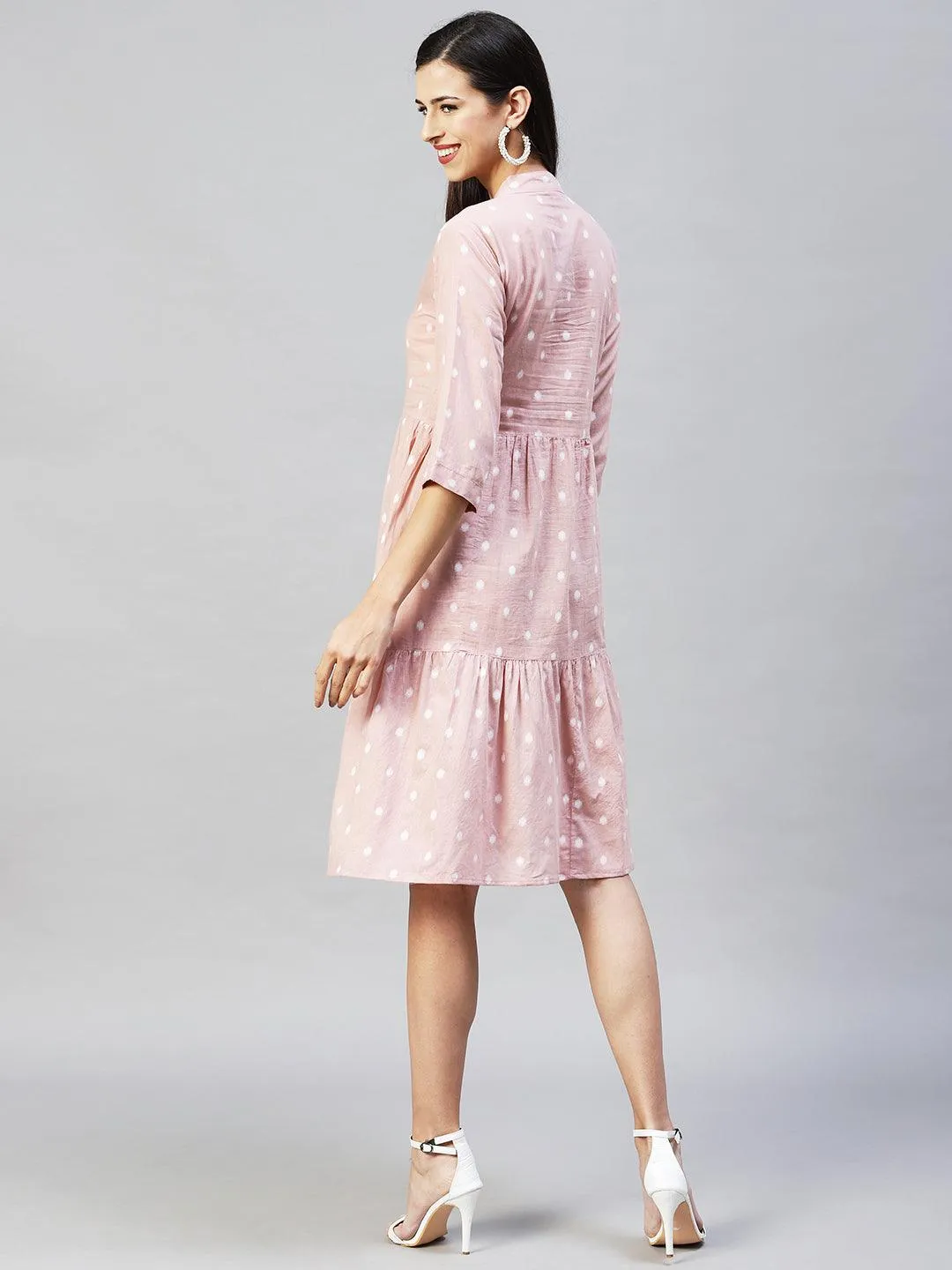 Ethnic Woven Tiered Flared Midi Dress - Dusty Pink