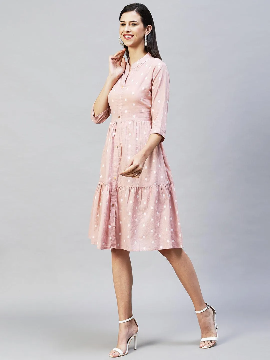 Ethnic Woven Tiered Flared Midi Dress - Dusty Pink