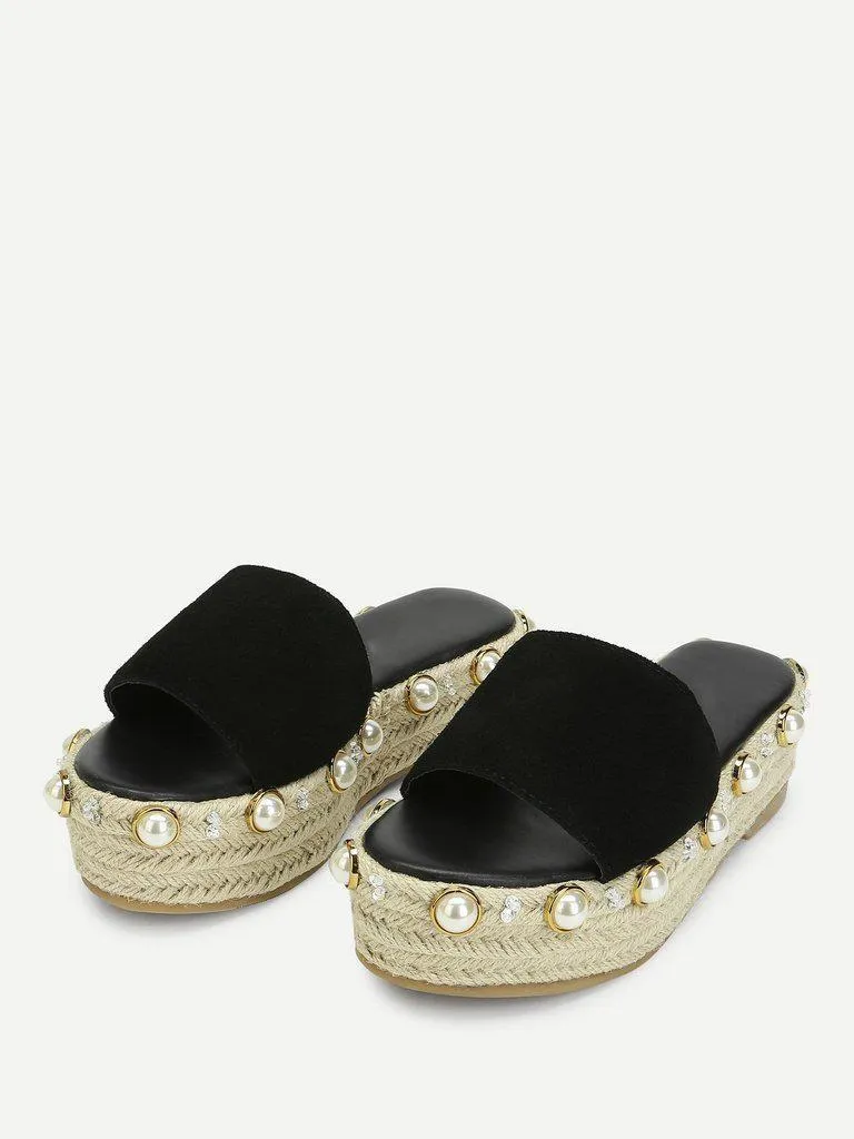 Faux Pearl Detail Espadrille Platform Wedges