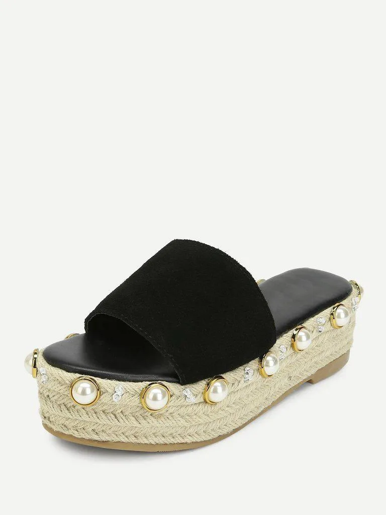 Faux Pearl Detail Espadrille Platform Wedges