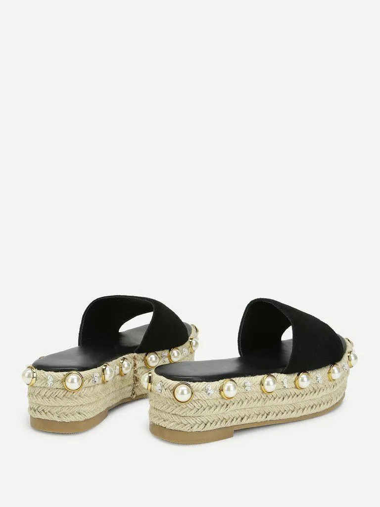 Faux Pearl Detail Espadrille Platform Wedges