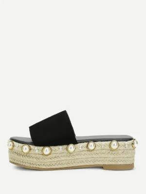 Faux Pearl Detail Espadrille Platform Wedges