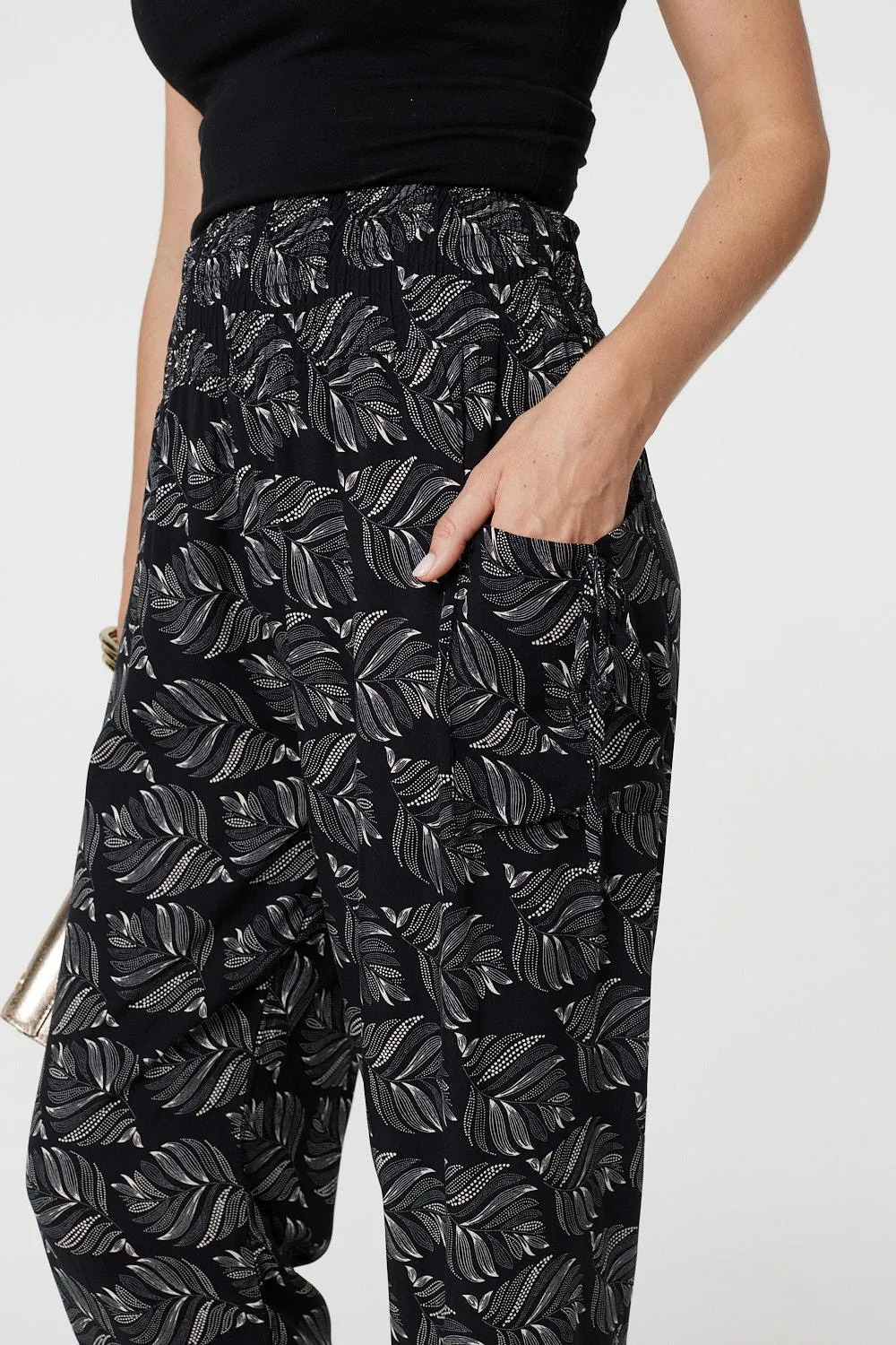 Feather Print High Waist Harem Pants