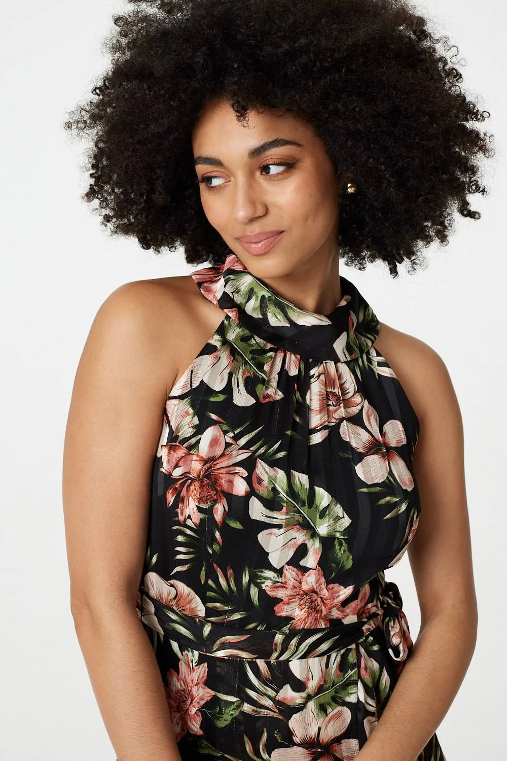 Floral Asymmetric Halter Neck Midi Dress