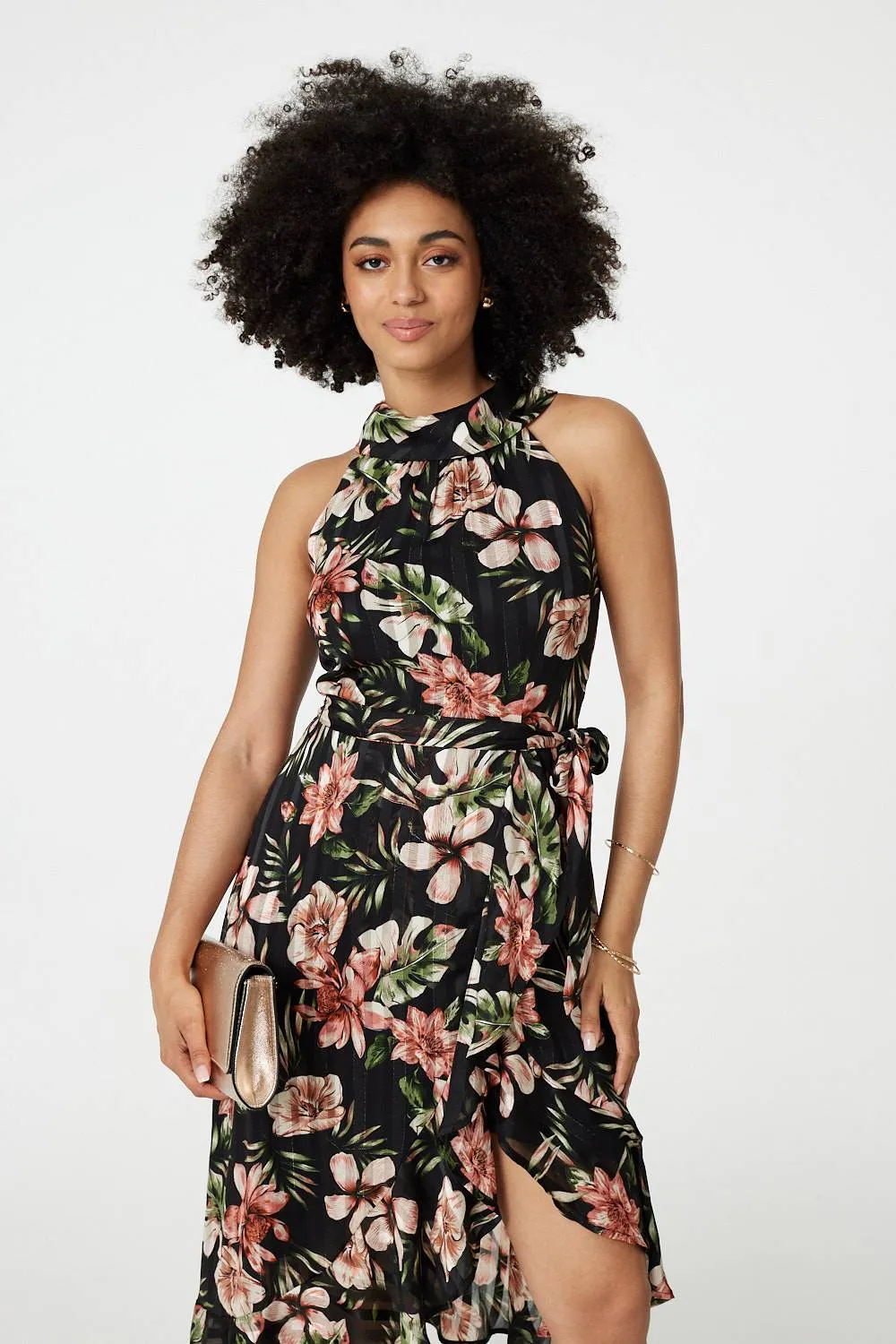 Floral Asymmetric Halter Neck Midi Dress