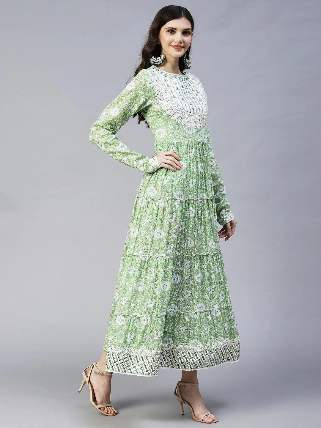 Floral Printed & Embroidered Tiered Flared Maxi Dress - Pastel Green