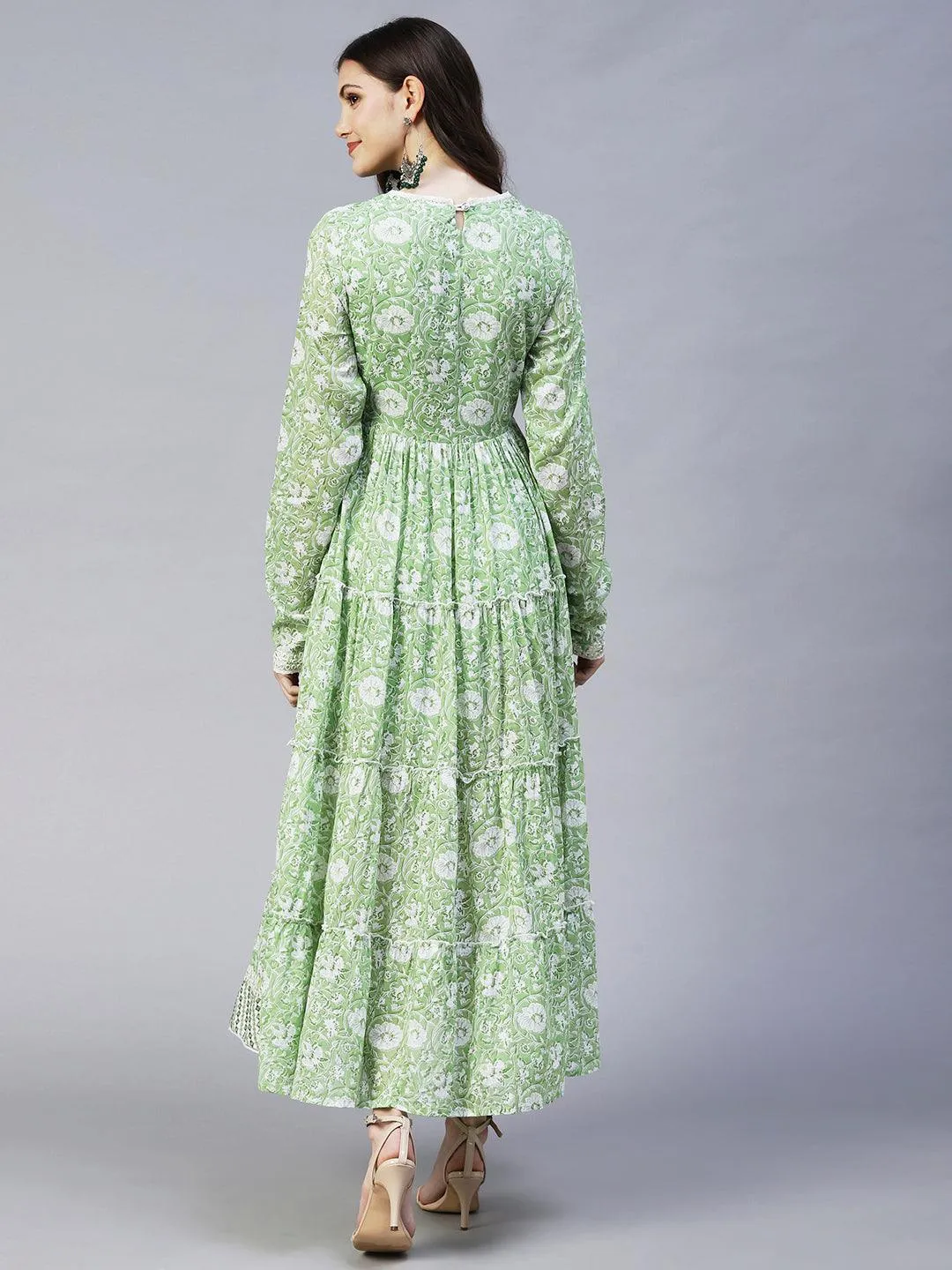 Floral Printed & Embroidered Tiered Flared Maxi Dress - Pastel Green