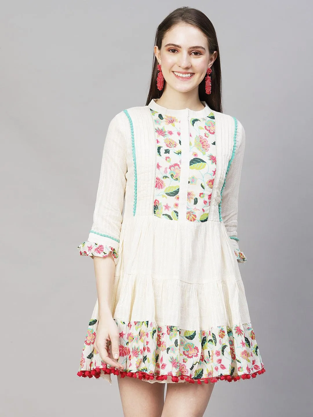 Floral Printed & Embroidered Tiered Flared Midi Dress - Off White