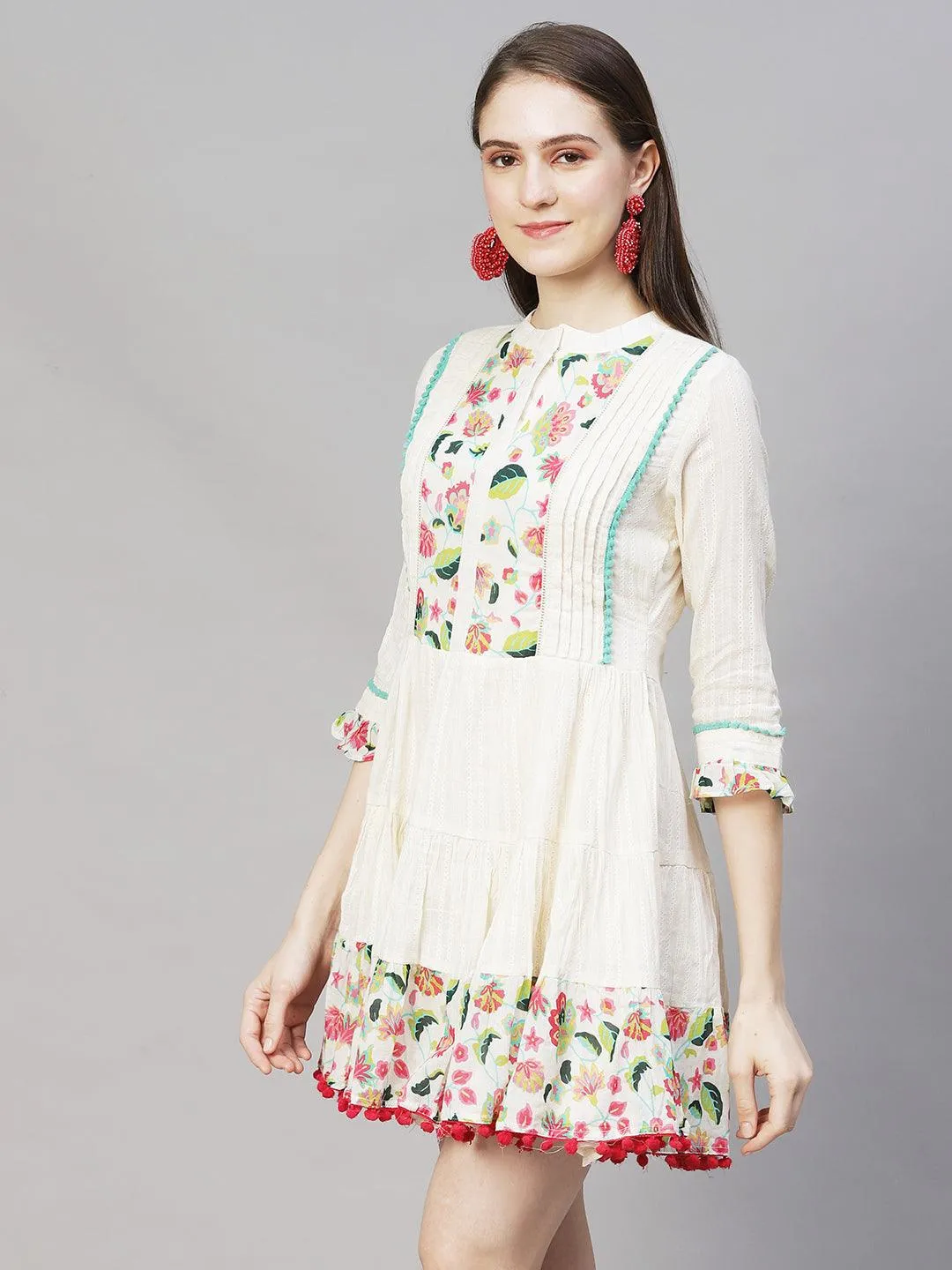 Floral Printed & Embroidered Tiered Flared Midi Dress - Off White