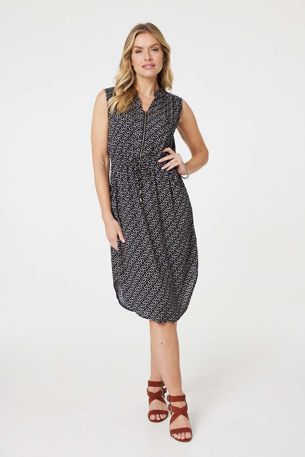 Geo Print Sleeveless Zip Front Midi Dress