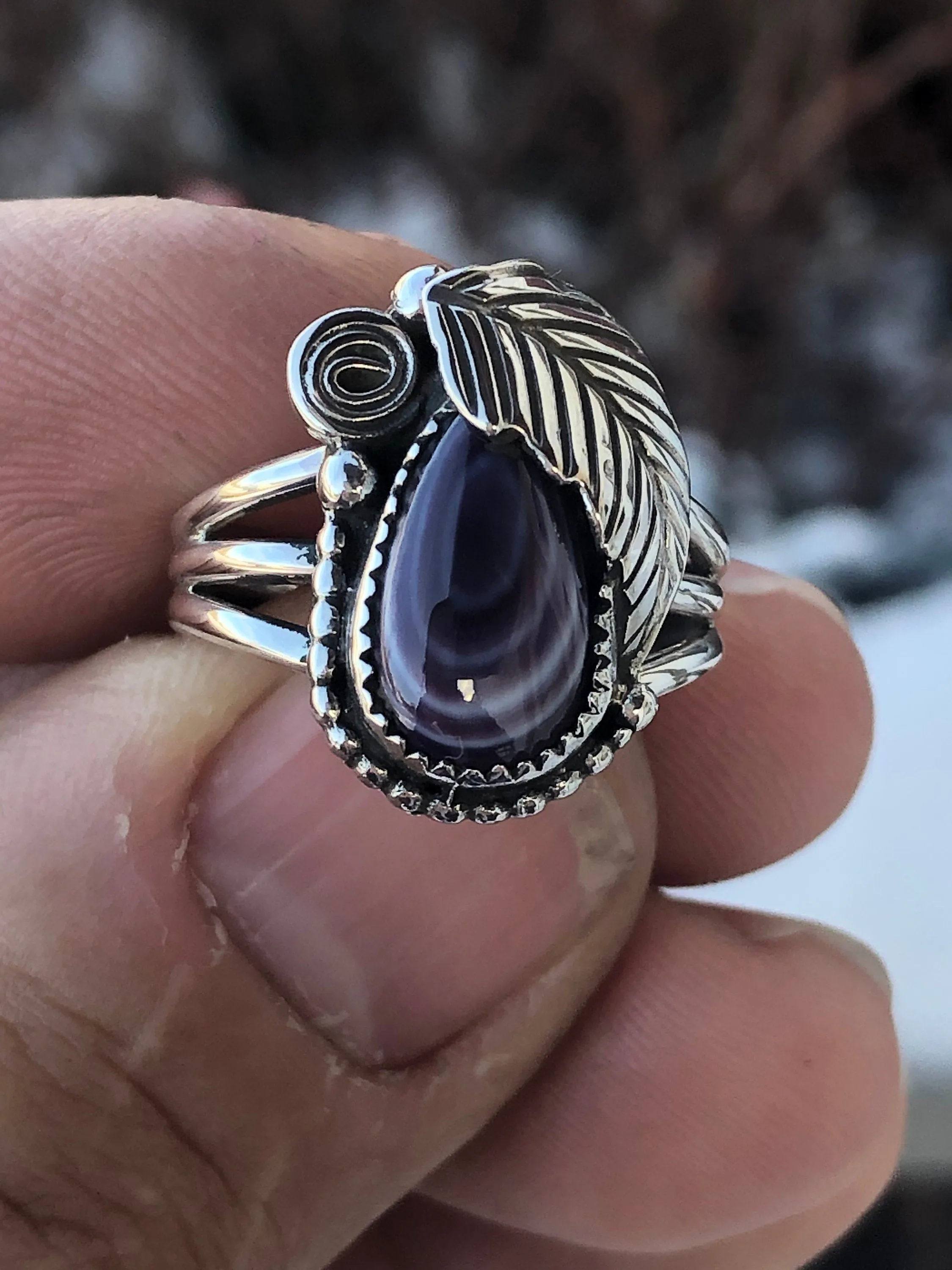 Intricate Wampum Tear Drop Leaf Sterling Silver Ring.