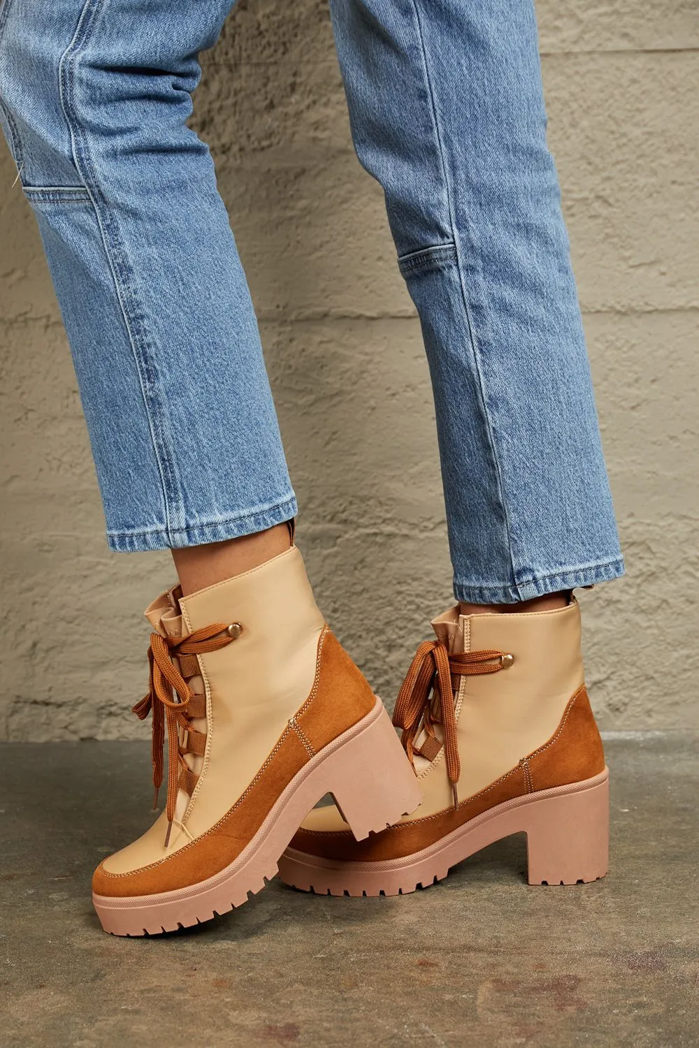 Lace Up Lug Booties in Tan