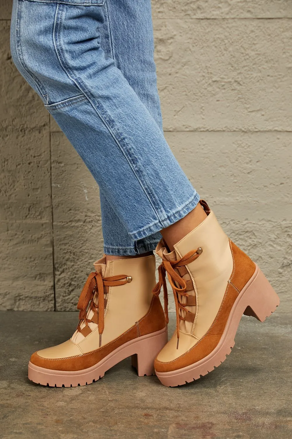 Lace Up Lug Booties in Tan