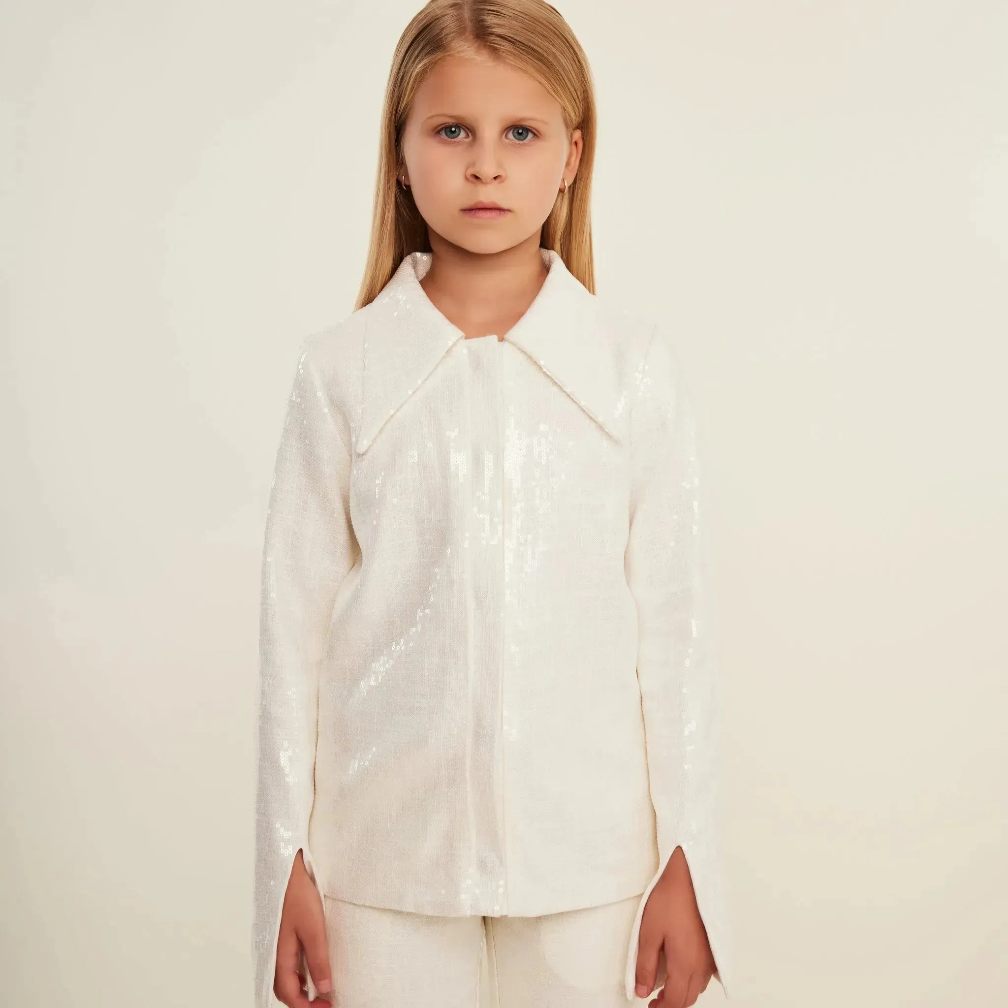 Large Collar Sequin Shirt with Split Cuff - White