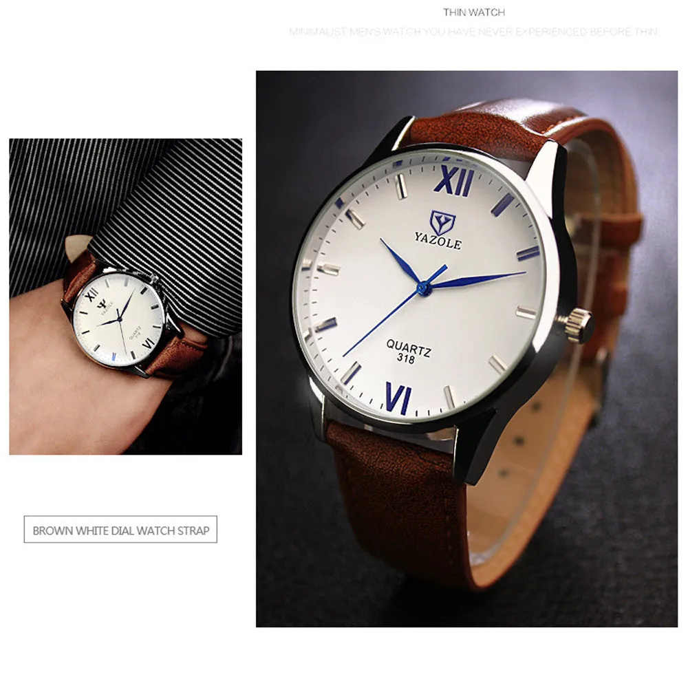 Leather Mens Glass Quartz Analog Wristwatch