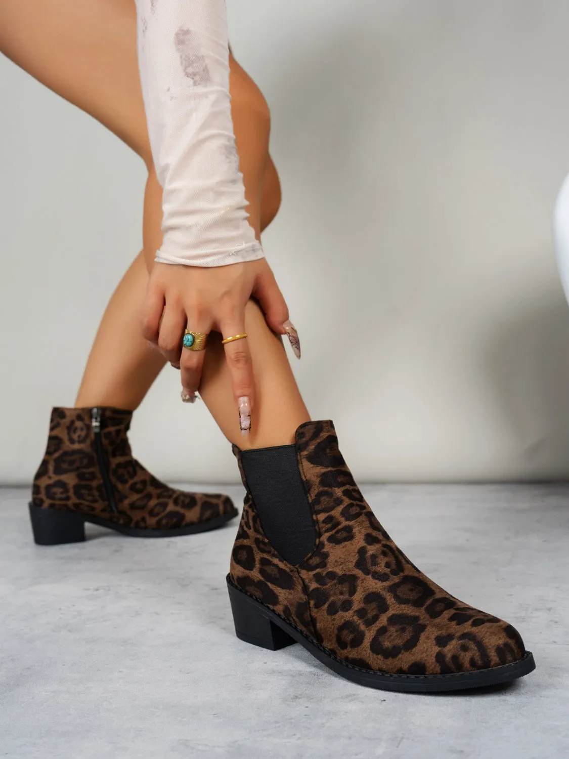 Leopard Point Toe Block Heel Boots