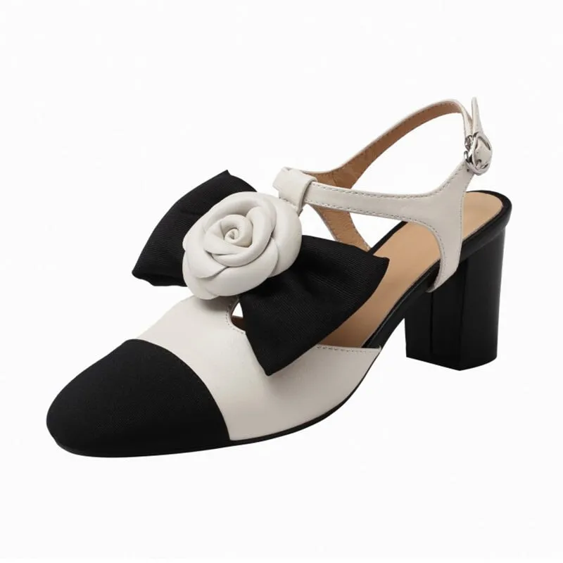 Lolita Style Leather Slingback Mary Jane With Bow 65mm Block Heel in Black/Beige