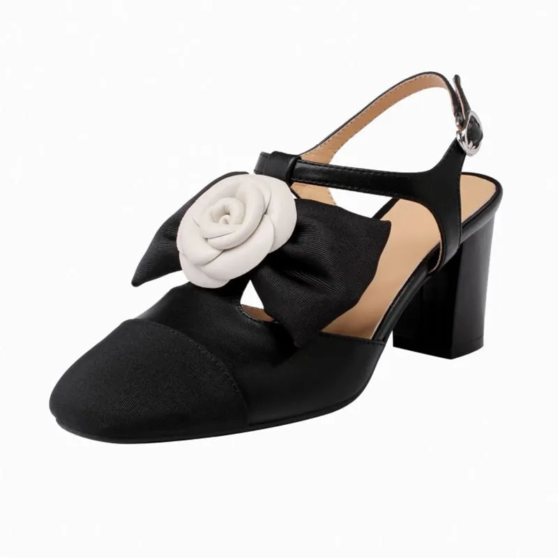 Lolita Style Leather Slingback Mary Jane With Bow 65mm Block Heel in Black/Beige