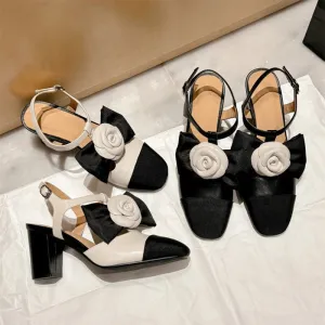 Lolita Style Leather Slingback Mary Jane With Bow 65mm Block Heel in Black/Beige